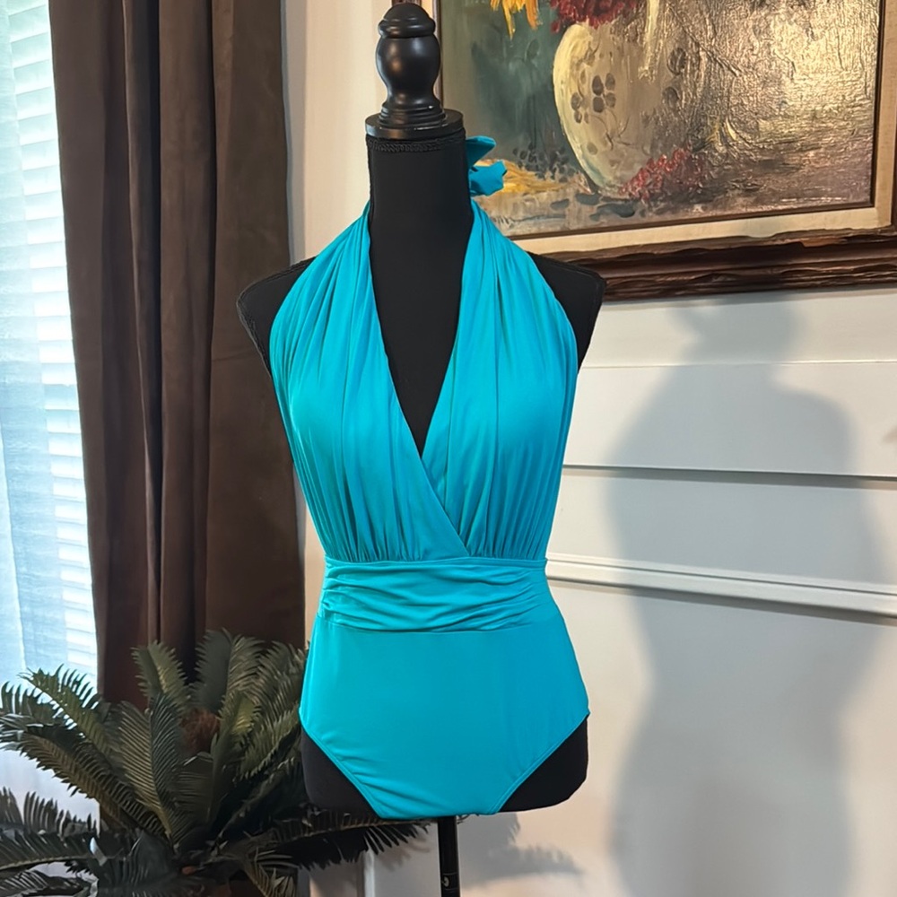 Vibrant Blue Calvin Klein halter top swimsuit.